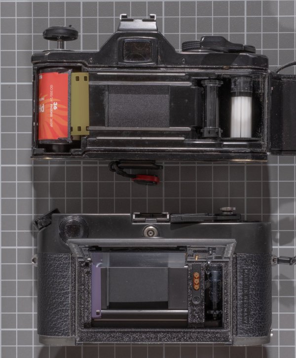 Film Cassettes loaded into both an SLR and a Rangefinder