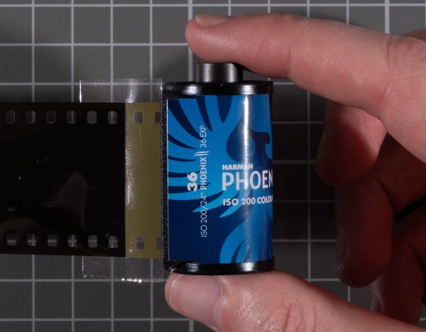 Fresh film on tape, aligned with film in cassette